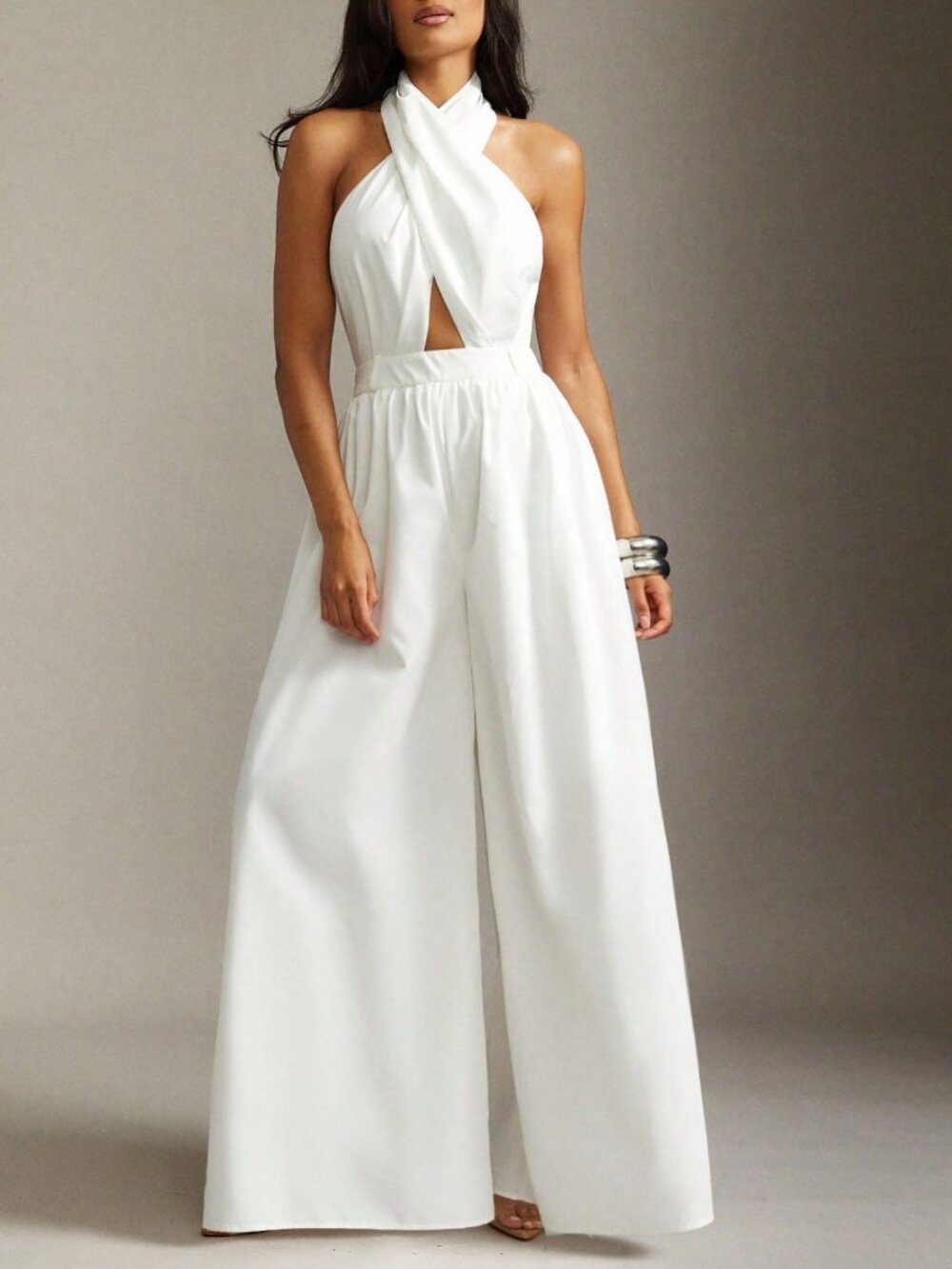White Elegant Business Women's Wide-Leg Halter Jumpsuit - Picture 1 of 5